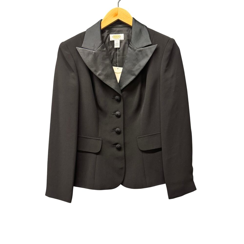Talbots Blazer Womens Petite 4 4P Black Button Up Jacket Silk Collar Vintage NEW